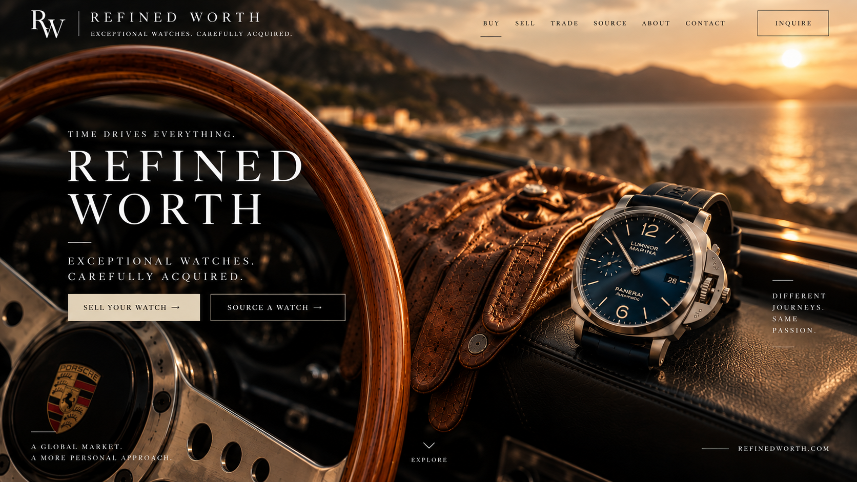 Refined Worth. Time drives everything. Exceptional watches. Carefully acquired. Panerai watch, cognac driving gloves and a vintage Porsche overlooking the coast at sunset.